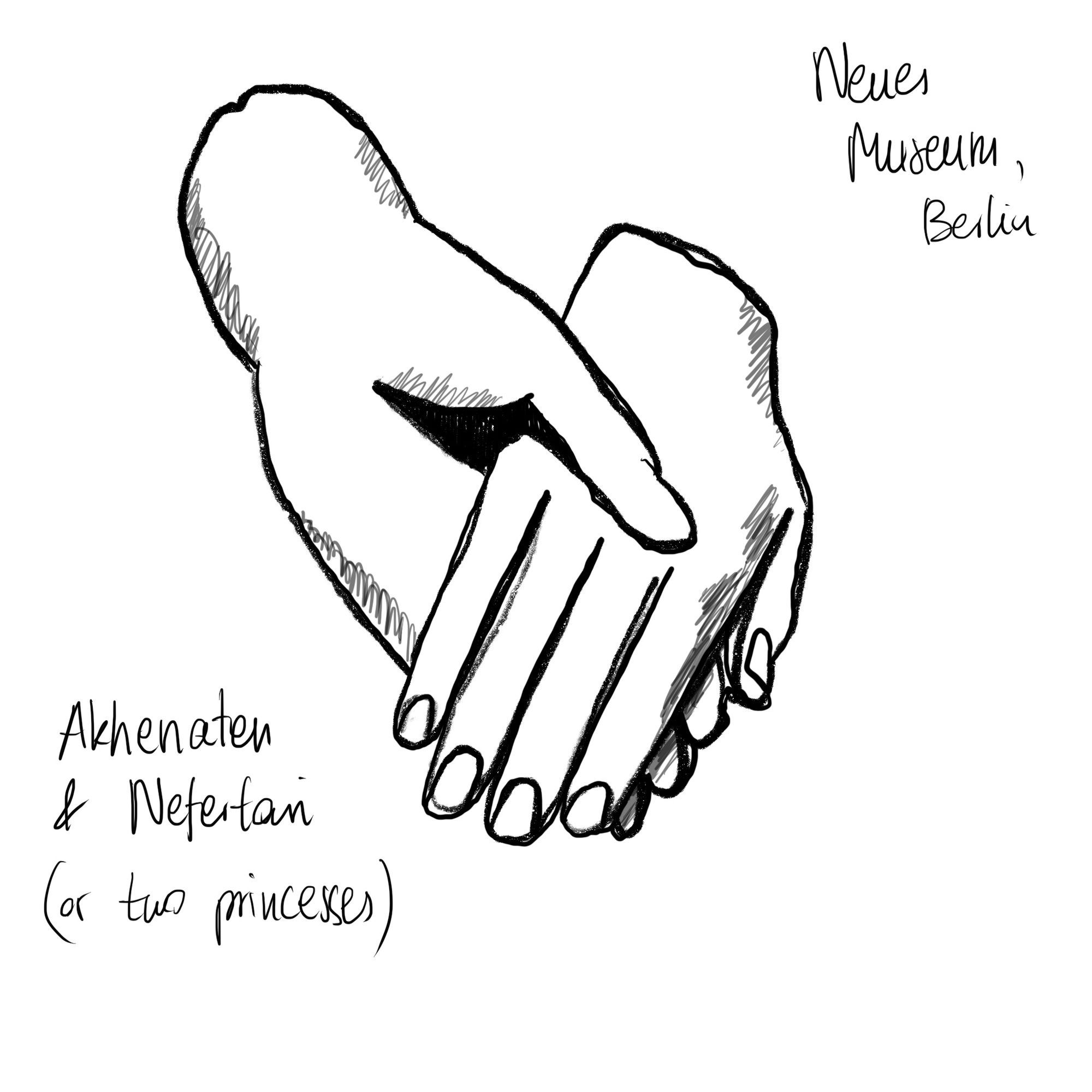 A drawing of the Pair of hands from a group statue of Akhenaten and Nefertari or two princesses
